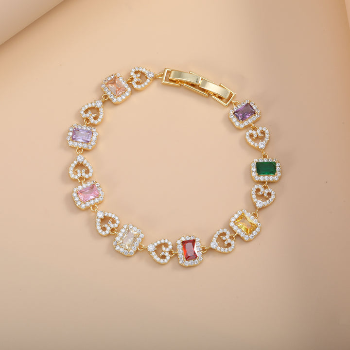 Heart & Rectangle Alternating Luxury Bracelet, 3 Styles Silver/Gold/Multi-Color Gem Women Jewelry