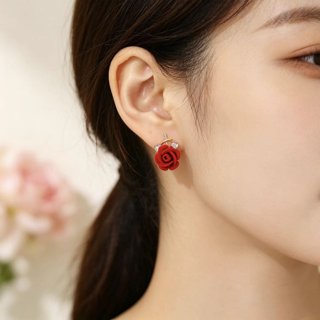 Flocking Rose Pearl Hook Earrings, Gentle Red & Pink Rose Diamond Long Dangle Earrings, Two Colors Available