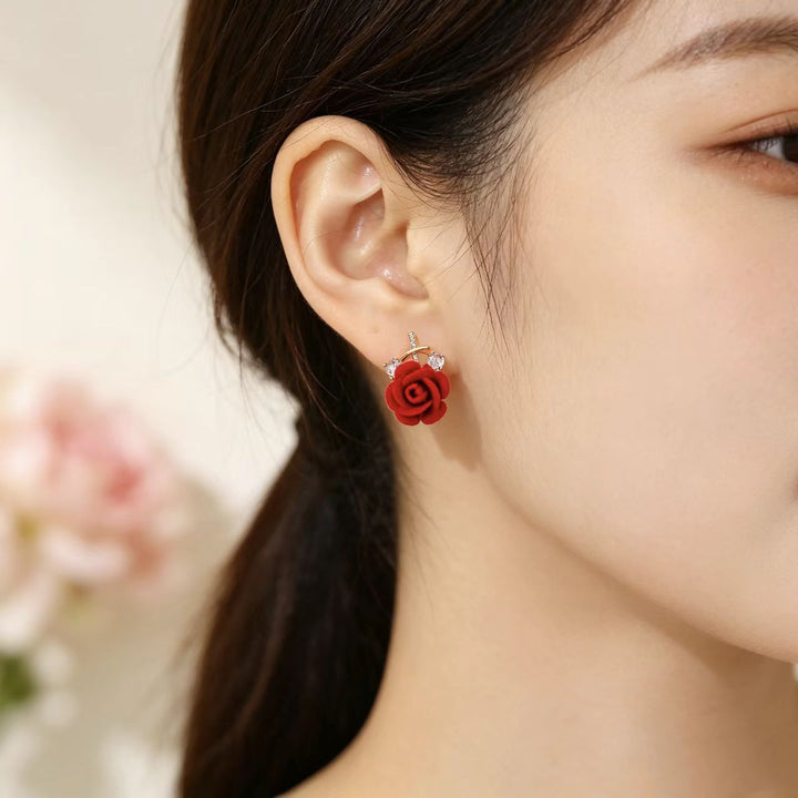 Flocking Rose Pearl Hook Earrings, Gentle Red & Pink Rose Diamond Long Dangle Earrings, Two Colors Available