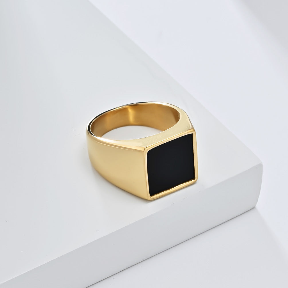 Minimalist Square‑Black‑Face Men’s Wide Signet Ring, 3‑Color Options