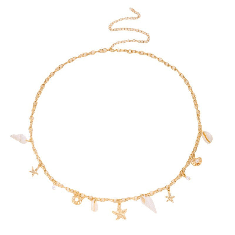Vacation Style Shell Starfish Pearl Waist Chain, Adjustable Gold Beach Bikini Decor Body Chain