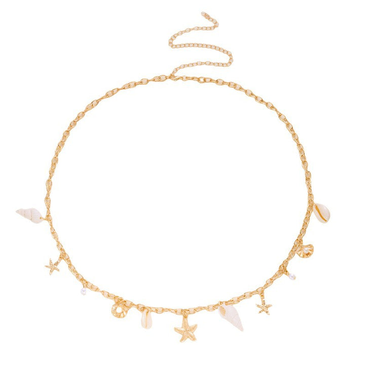 Vacation Style Shell Starfish Pearl Waist Chain, Adjustable Gold Beach Bikini Decor Body Chain