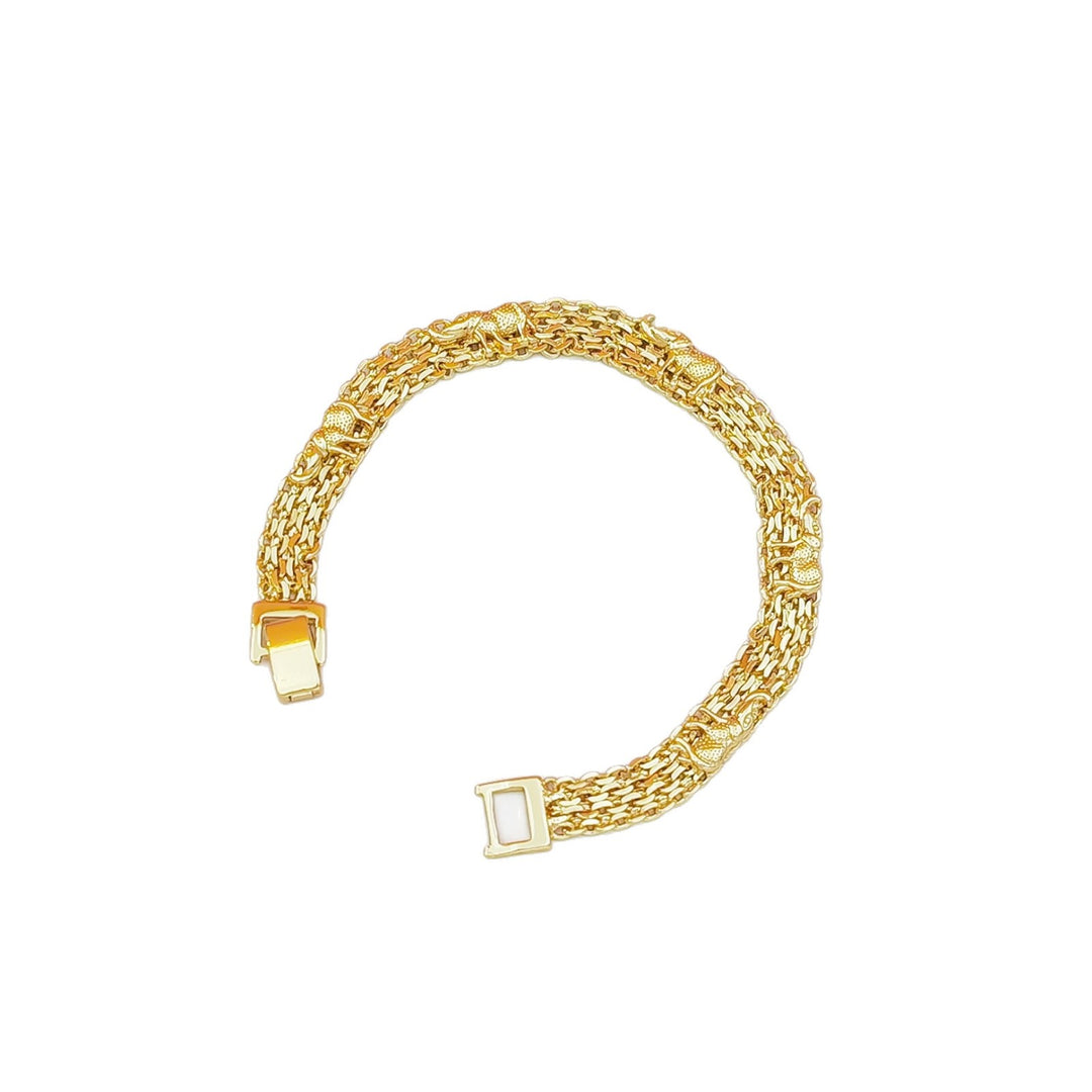 Multi-Layer Thick Chain Elephant Embossed Gold Plated Wide Bracelet, Vintage Chunky Metal Women’s Jewelry