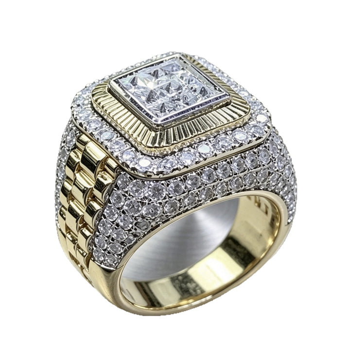Hip Hop Square Paved Diamond Men Ring, Double Layer Square Watch Band Texture Heavy Titanium Steel Band Gold Silver Male Jewelry