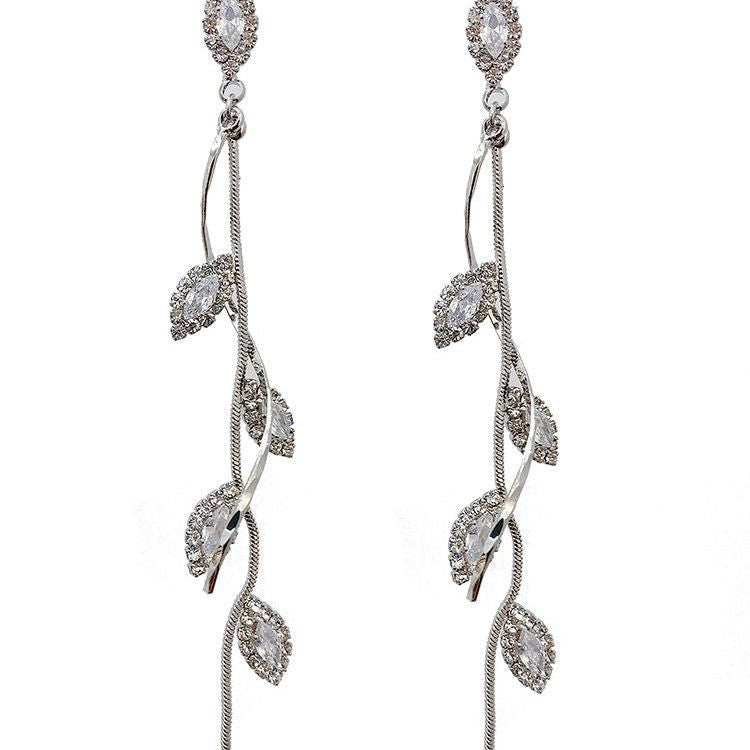 Long Willow Leaf Tassel Diamond S925 Silver Earrings, Elegant Spiral Curve Drop Earrings, Gold & Silver Two Colors Available