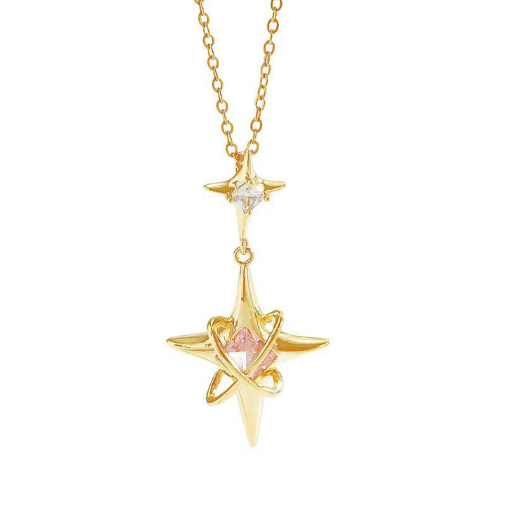 Pink Diamond Double Star Pendant Necklace, Unique North Star Collarbone Chain, Gold & Silver Tone Available