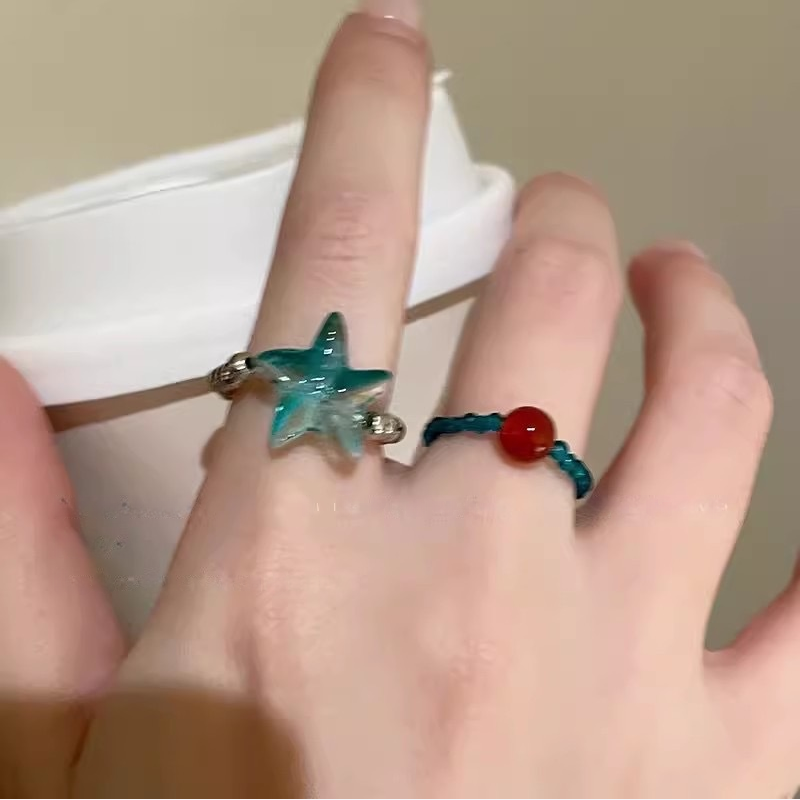 Ocean-Inspired Star Beaded Stretch Ring (2pcs Cute Stackable Band Set)