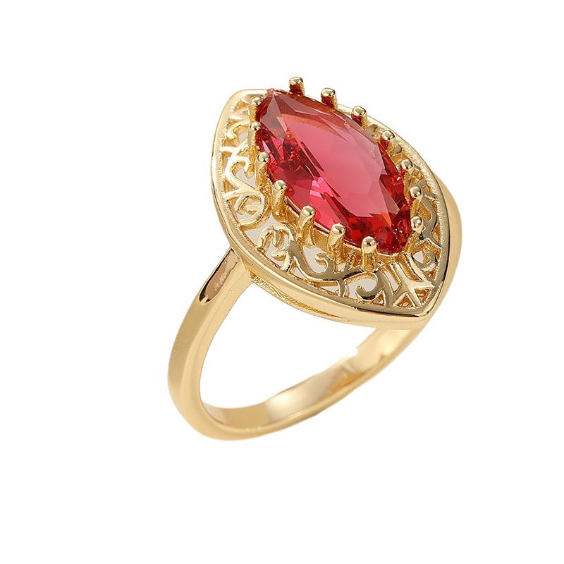 S925 Silver Gold‑Tone Marquise Red Stone Openwork Ring, Vintage Royal‑Style Women Band