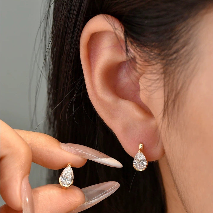 Teardrop & Rectangle Single Diamond Mini Hoop Earrings, Pear/Emerald Cut Diamond Small Click Hoops Gold Silver Dainty Daily Jewelry
