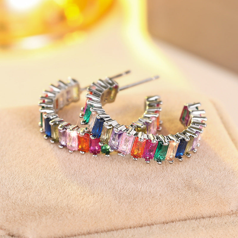 Rainbow Baguette Diamond Curved Stud Earrings (Silver Luxury Women's Earrings)