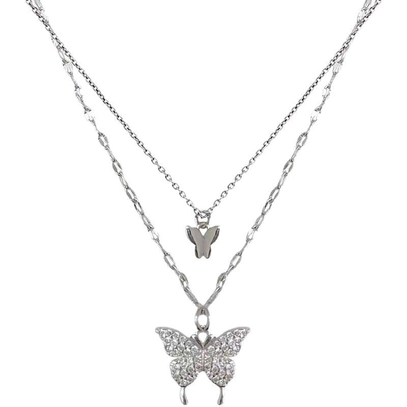 Double Layer Stacked Big & Small Butterfly Necklace, Pavé Butterfly Two-Tier Collarbone Chain, Silver Stacking Jewelry