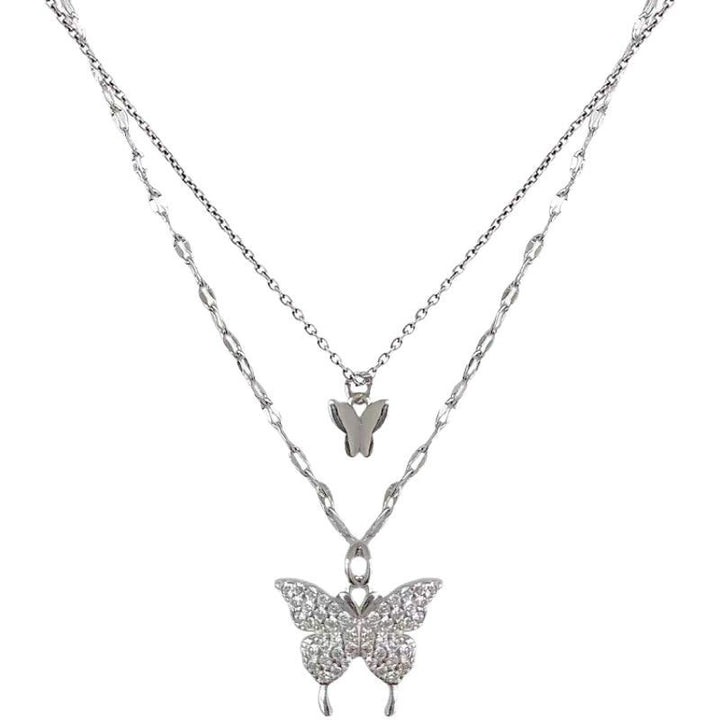 Double Layer Stacked Big & Small Butterfly Necklace, Pavé Butterfly Two-Tier Collarbone Chain, Silver Stacking Jewelry