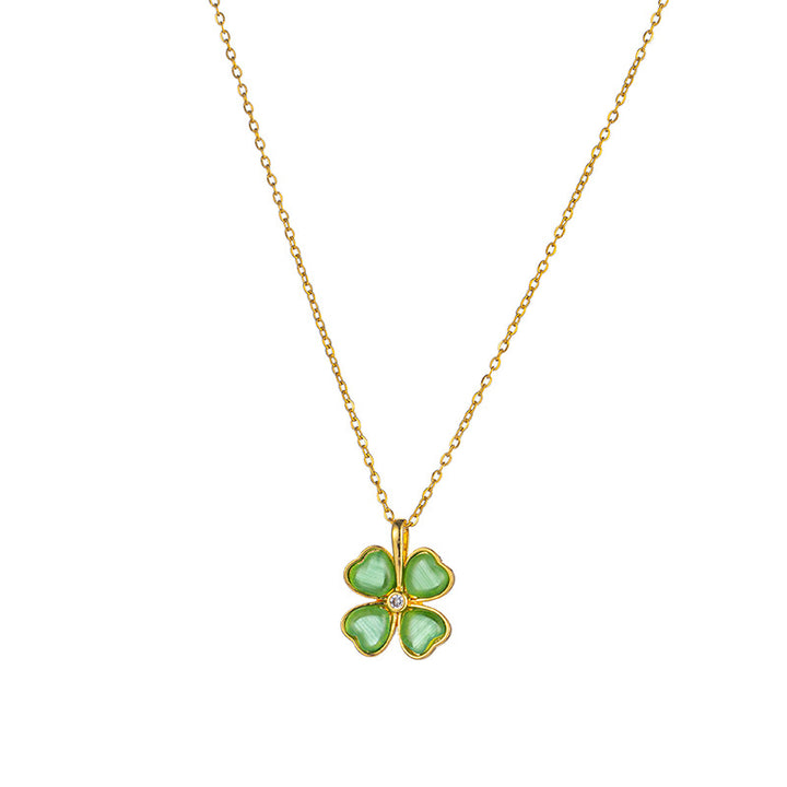 Cat's Eye Four-Leaf Clover Lucky Necklace, 2 Color Heart Petal 14K Gold Plated Choker