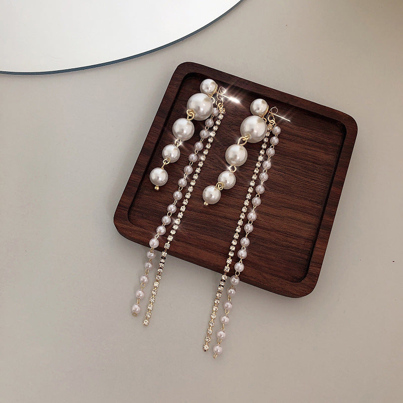 Gradient Natural Pearl Rhinestone Long Tassel Drop Earrings, S925 Sterling Silver Luxury Dainty Chain Women Earrings
