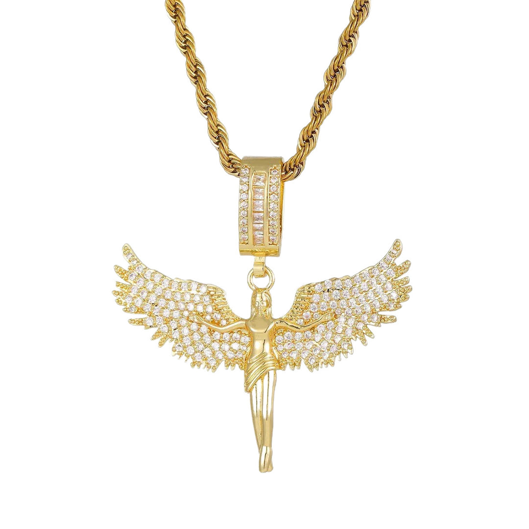 Iced‑Out Spread‑Wings Angel Pendant Hip‑Hop Necklace, Gold & Silver Two‑Tone Options