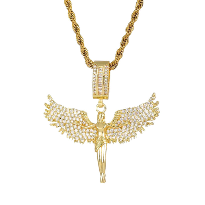 Iced‑Out Spread‑Wings Angel Pendant Hip‑Hop Necklace, Gold & Silver Two‑Tone Options