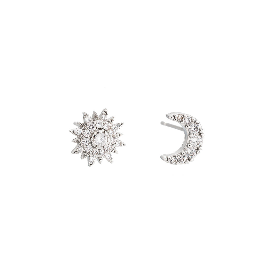 S925 Silver Sun Moon Asymmetric Diamond Stud Earrings