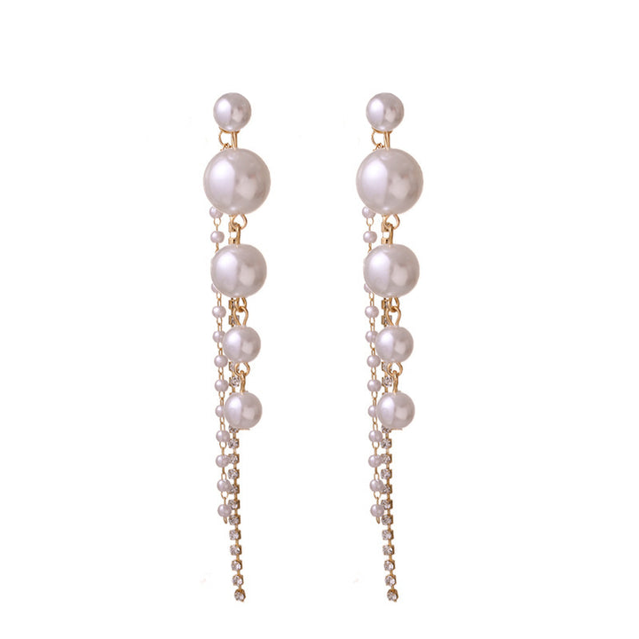 Gradient Natural Pearl Rhinestone Long Tassel Drop Earrings, S925 Sterling Silver Luxury Dainty Chain Women Earrings