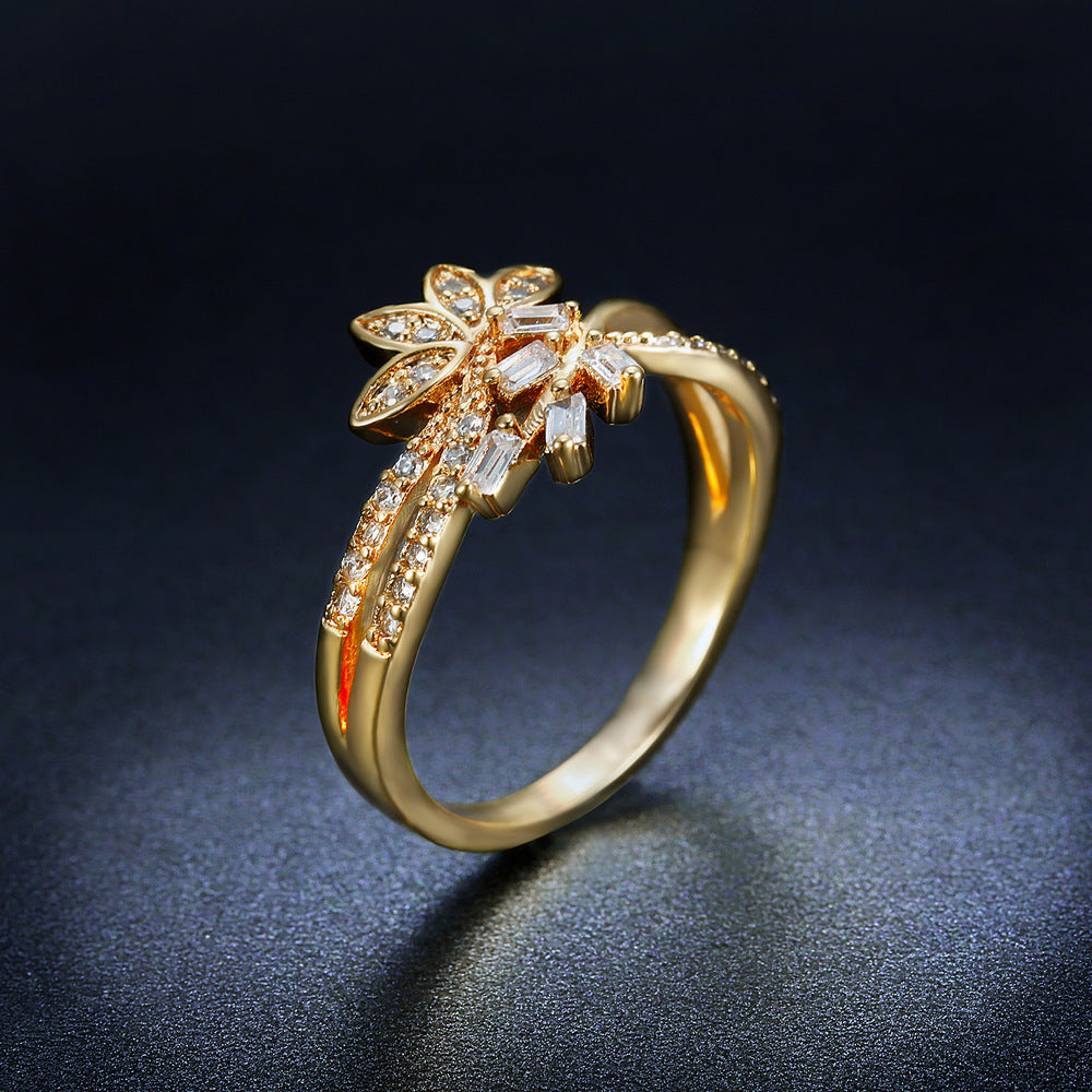 Gold Floral Branch Diamond S925 Silver Ring