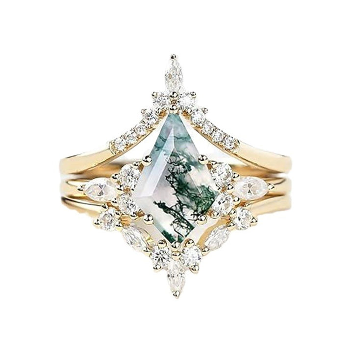 Kite‑Cut Moss Agate Three‑Piece Stackable Ring Set, Three‑Color Options