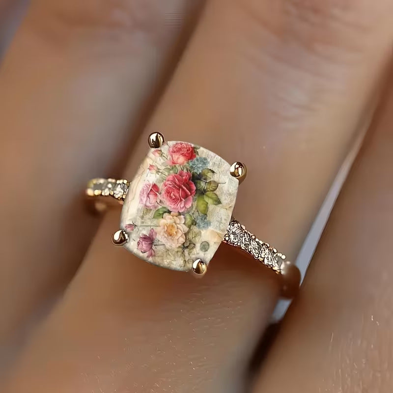 Vintage Oil Painting Rose Crackle Rectangle Resin Stone Pave Ring, Solid S925 Silver Gold-Plated French Artistic Floral Band