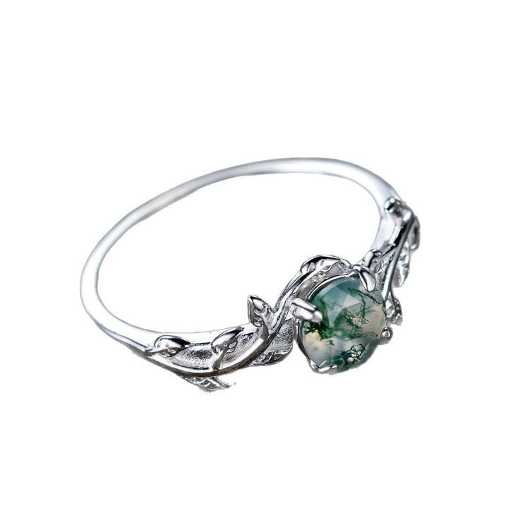 Vine & Moss Agate Nature-inspired Ring, Vintage Silver Tone Green Gemstone Band