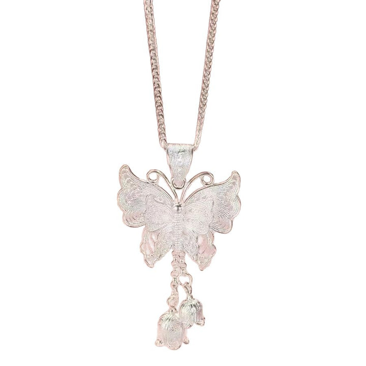 Vintage Double Layer Butterfly Lily of the Valley Pendant Necklace, Antique Silver Ethnic Hollow Pattern Collarbone Chain