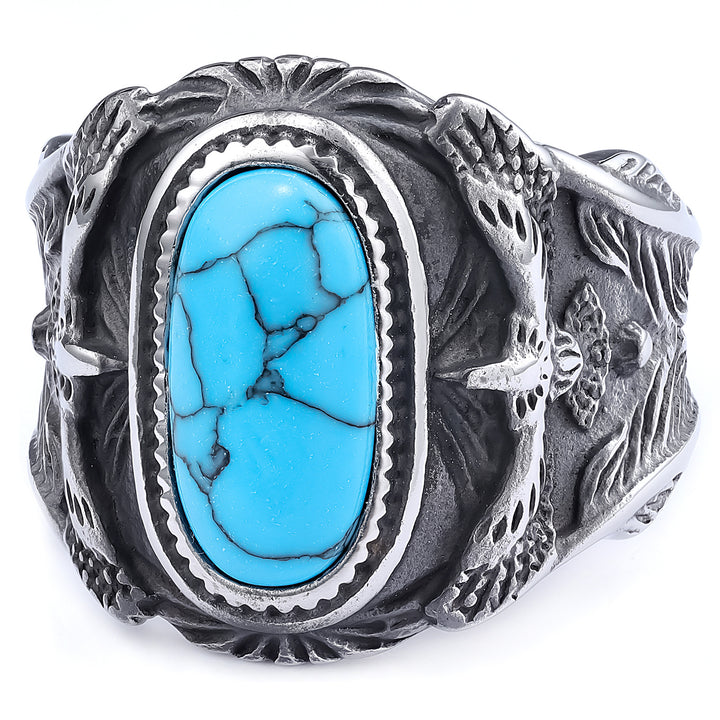 Western Style 3D Eagle Embossed Oval Gemstone Signet Ring, S925 Silver 3 Finishes Turquoise & Tiger Eye Vintage Wide Band For Men