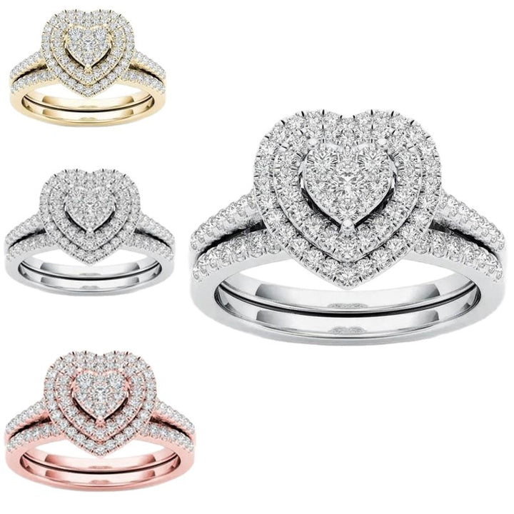Double Heart Cluster Diamond Ring Two-Piece Set, European Luxury Engagement Wedding Ring Set Full Pave Heart Band for Women