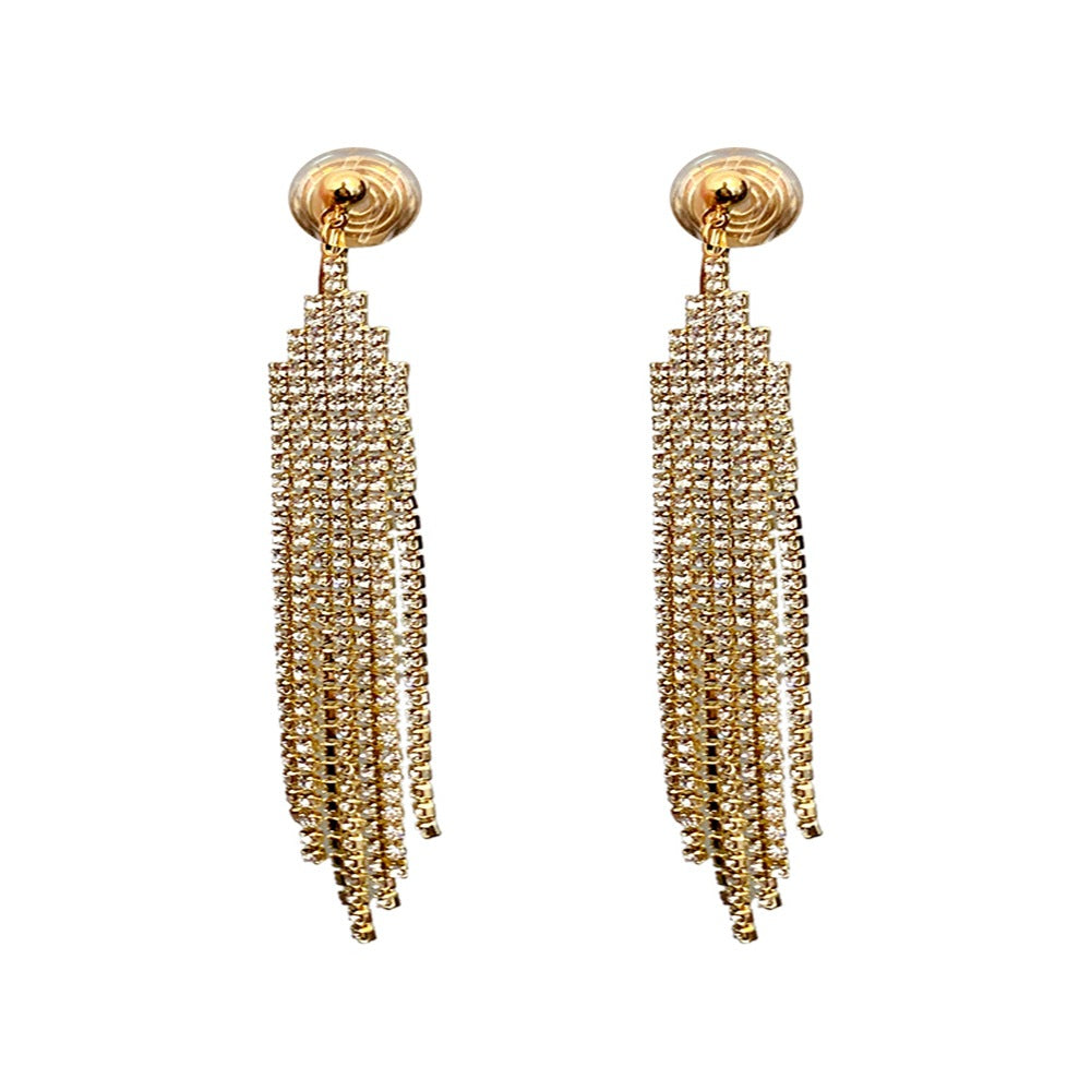 Tiered Paved Diamond Long Tassel Earrings, Silicone Clip-On & Hook Versions Gold Silver Sparkling Banquet Dangle Jewelry
