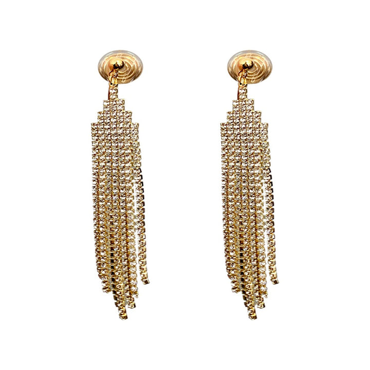 Tiered Paved Diamond Long Tassel Earrings, Silicone Clip-On & Hook Versions Gold Silver Sparkling Banquet Dangle Jewelry
