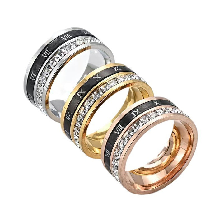 Rotatable Roman Numeral Diamond Inlaid Ring, 3-Color European Luxury Stress Relief Wide Couple Band