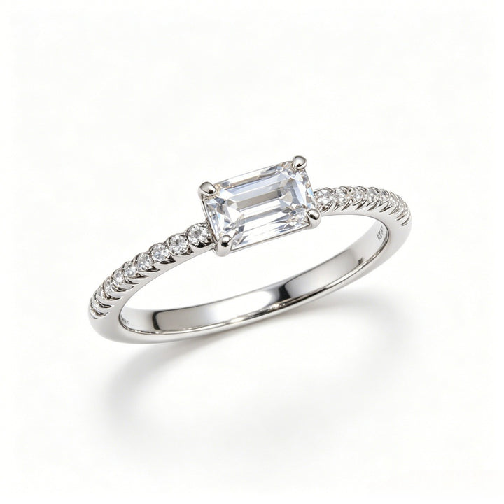 Rectangular Diamond Four-Prong Side Stone S925 Silver Ring