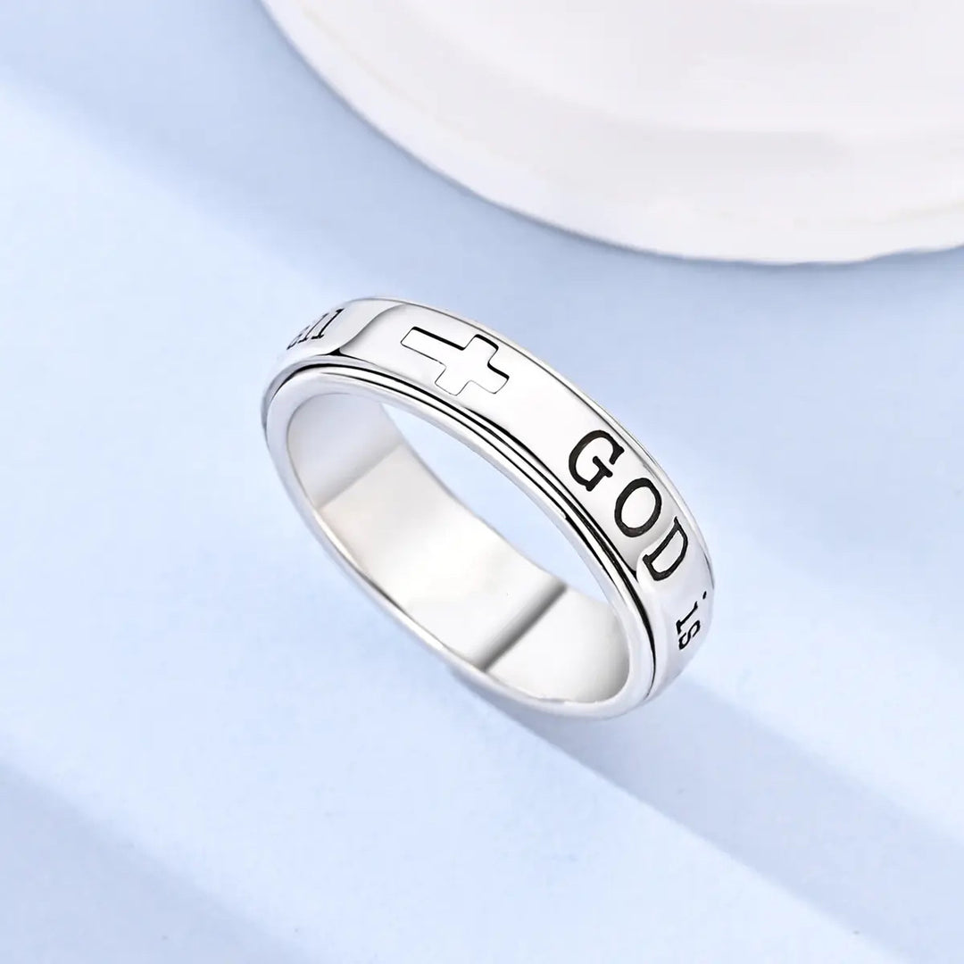 Rotatable Engraved Cross Ring, S925 Silver Inspirational Scripture Wide‑Band Faith Ring