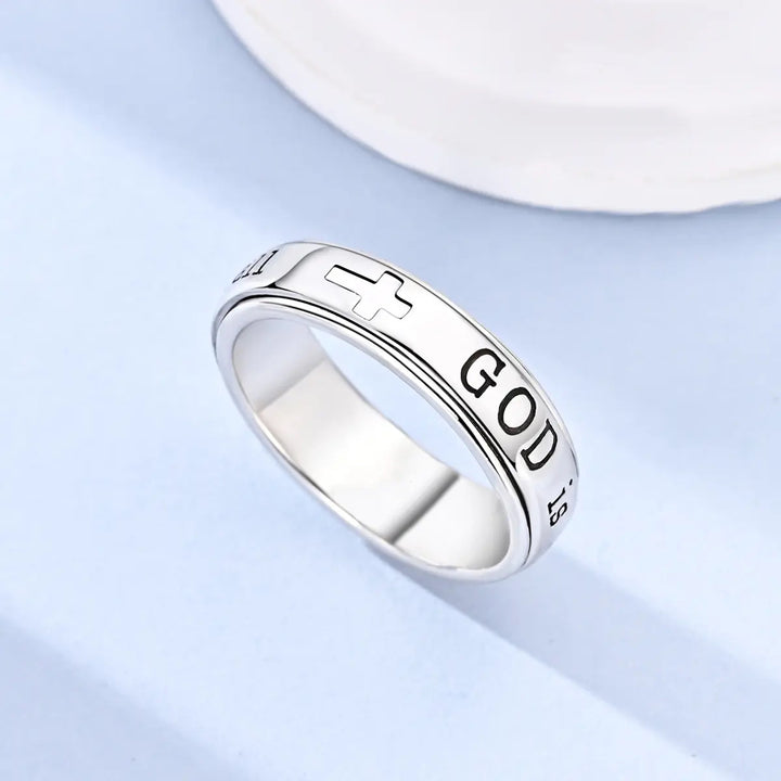 Rotatable Engraved Cross Ring, S925 Silver Inspirational Scripture Wide‑Band Faith Ring