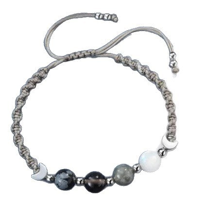 Moon Phase Natural Crystal Adjustable Braided Bracelet, Solid S925 Silver Crescent Healing Energy Stone Wristband, 2 Cord Color Options
