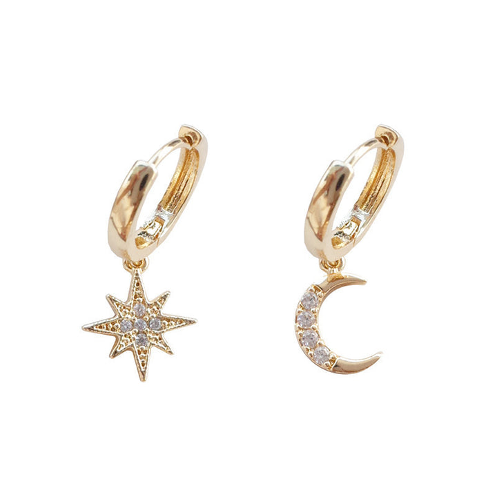 Asymmetric Star & Moon Paved Huggie Earrings, S925 Silver Hoops, Unique Octagram & Crescent Moon Drop Earrings, Gold & Silver Two Tones