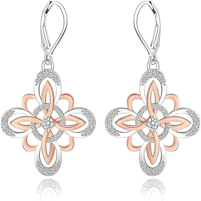 S925 Silver Two‑Tone Celtic Knot Flower Drop Earrings, Vintage Open‑Work Leverback Earrings for Women