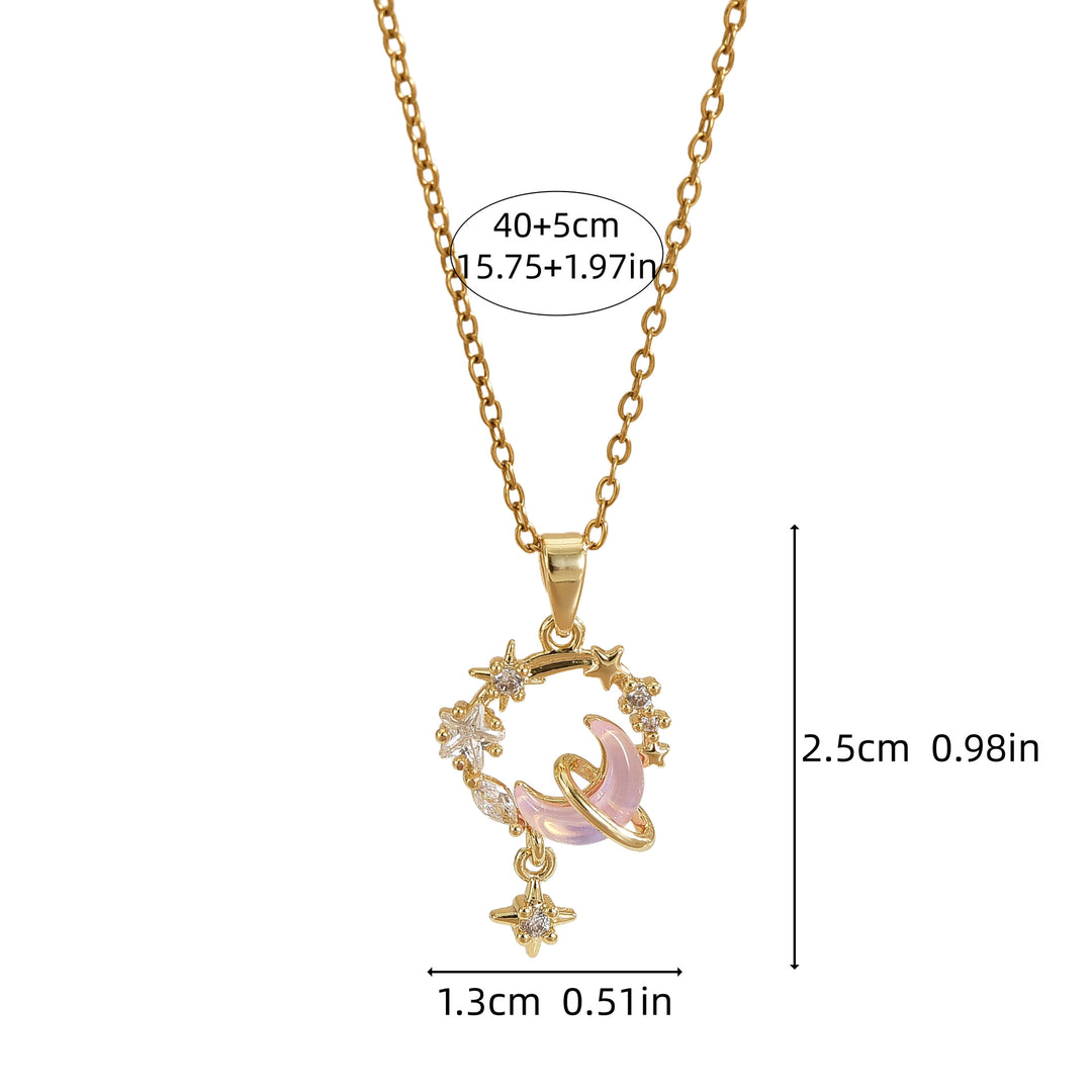 Dreamy Star & Moon Pink Diamond Wreath Necklace, Luxury Diamond Elegant Gold Clavicle Chain for Women