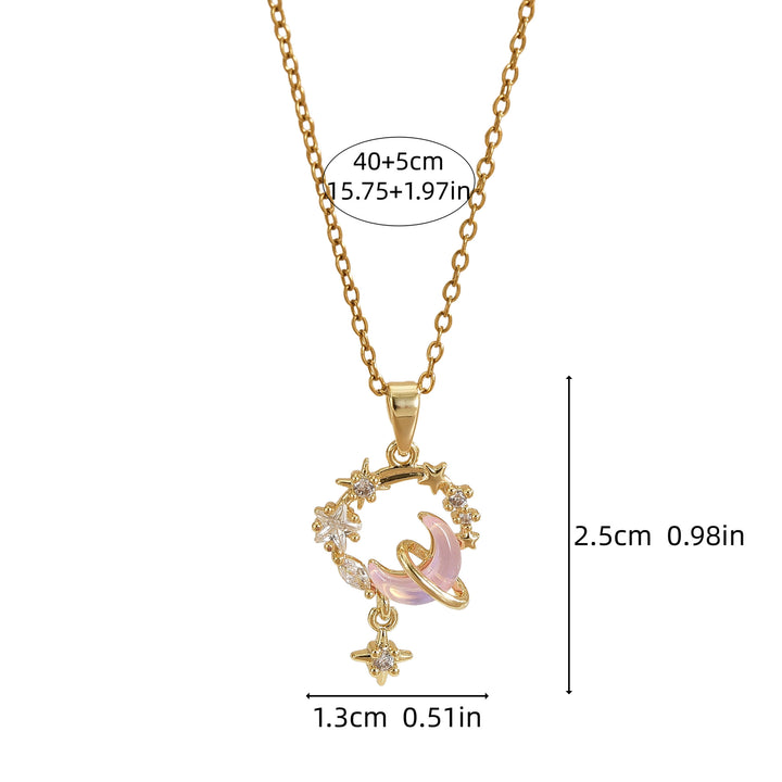 Dreamy Star & Moon Pink Diamond Wreath Necklace, Luxury Diamond Elegant Gold Clavicle Chain for Women