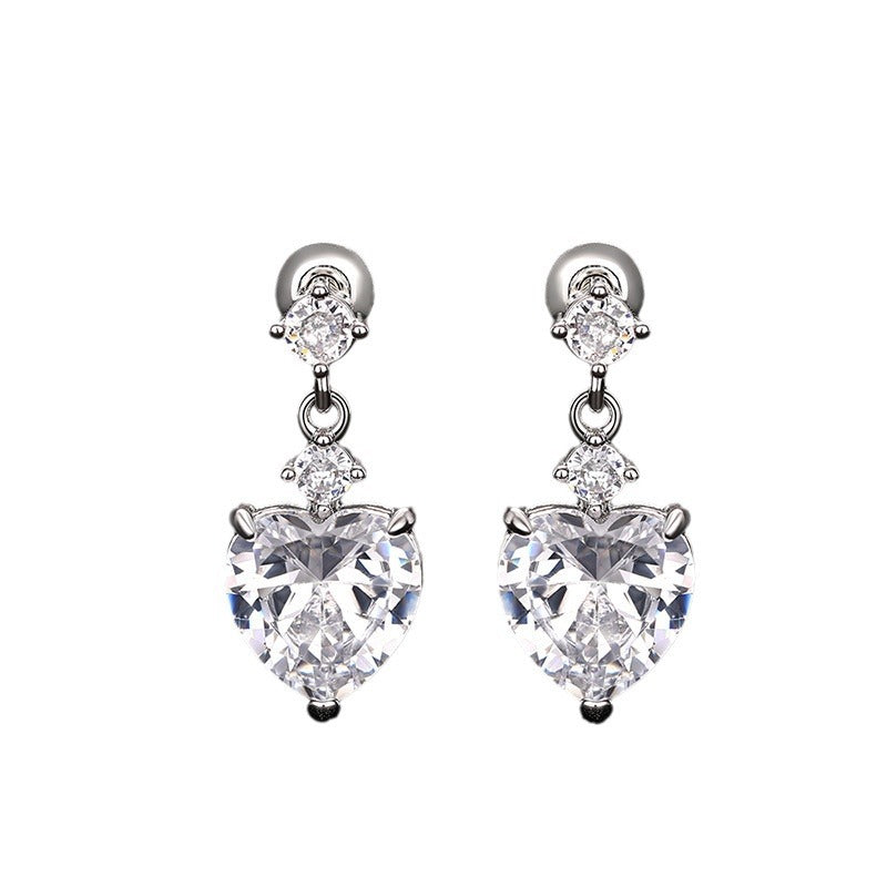 3-Stone Heart Diamond Dangle S925 Silver Stud Earrings, Multi-color Heart Cut Main Stone Luxury Earrings