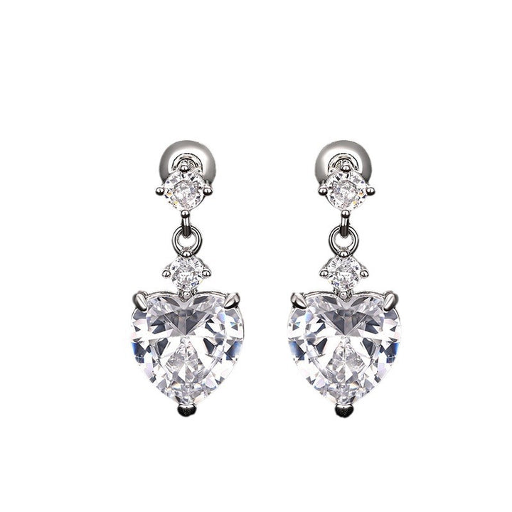 3-Stone Heart Diamond Dangle S925 Silver Stud Earrings, Multi-color Heart Cut Main Stone Luxury Earrings