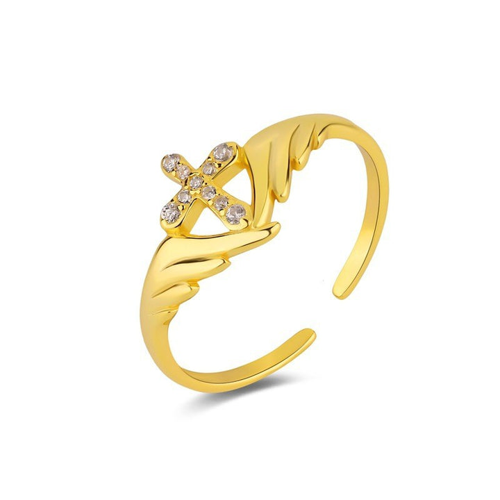 S925 Silver Angel Wing Diamond‑Set Cross Ring, Two‑Tone Faith‑Inspired Ring for Women