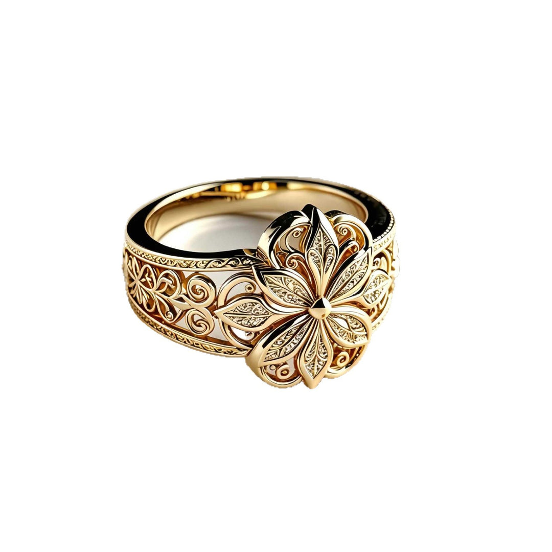 Vintage Hollow Eight-Petal Flower Wide Band Ring, Gold & Silver European Palace Plain Carved Heavy Craft  Ring