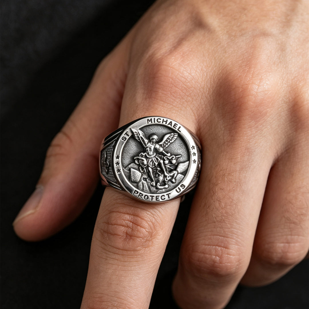 St. Michael Archangel Dragon Slayer Embossed Round Signet Ring, S925 Silver Silver & Gold Two-Tone Vintage Religious Men’s Band