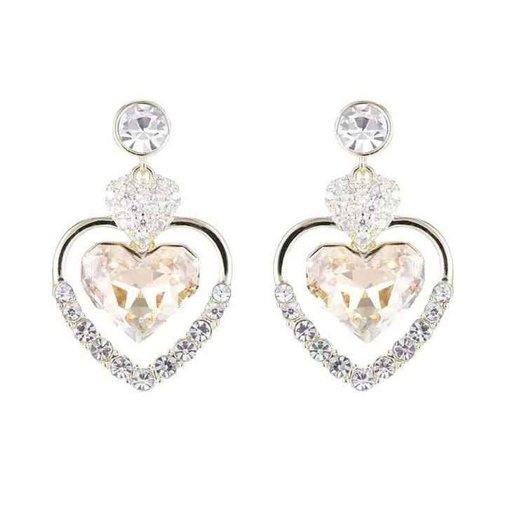 Double Heart Pavé Champagne Gold Drop Earrings (Luxury Gentle Sweetheart Jewelry)