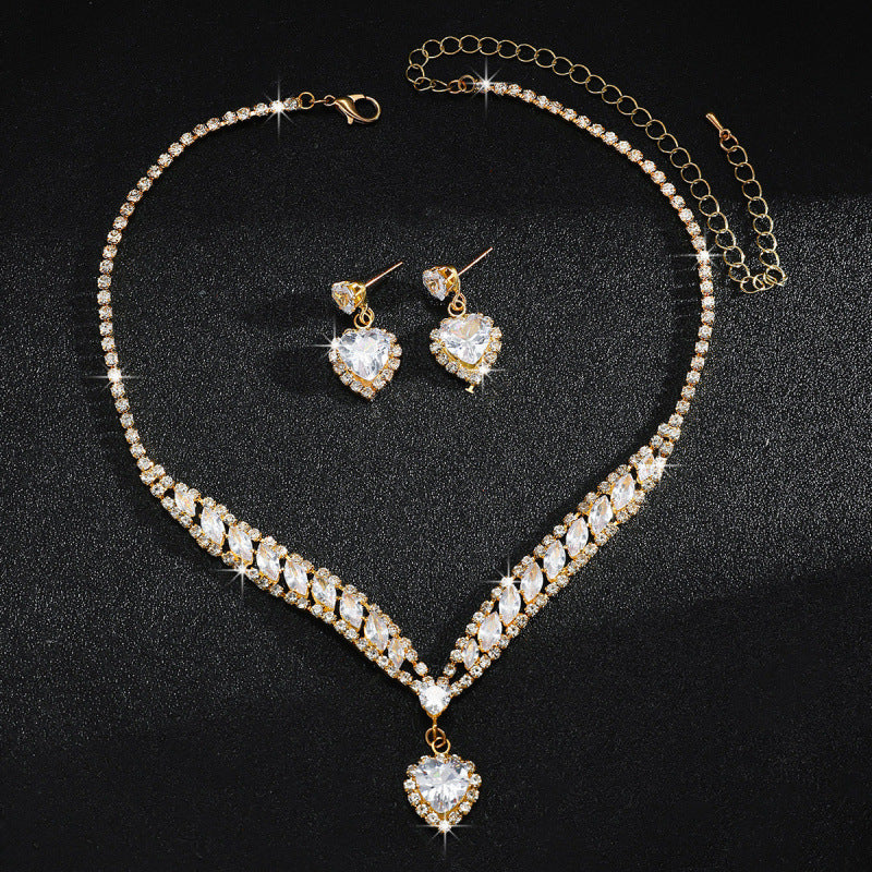 S925 Silver Heart Diamond Necklace & Earring Set, V-shaped Rhinestone Jewelry 2-Piece Set for Wedding & Banquet, Gold & Silver Two Tones