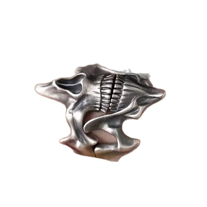 Split Half Skull Open Couple Ring Set, S925 Silver Antiqued Dark Alternative Adjustable Band Pair