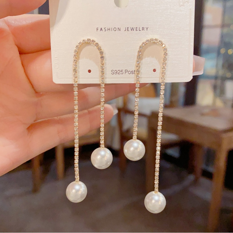Pavé U-Shape Pearl Drop Threader Earrings (2 Colors Delicate Luxury Jewelry)