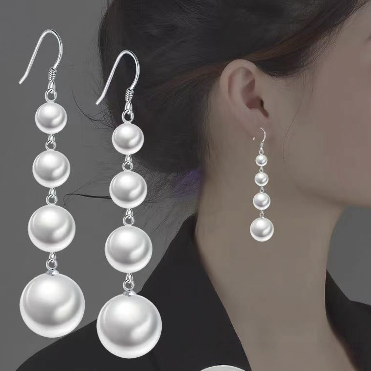 Graduated Pearl Long Drop Earrings (Elegant Slimming Statement Earrings)